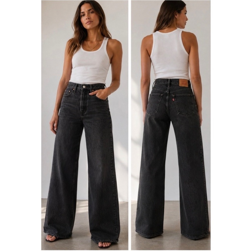 Levis Premium Ribcage Wide Leg Jeans Washed Black High Rise Denim Pants 33